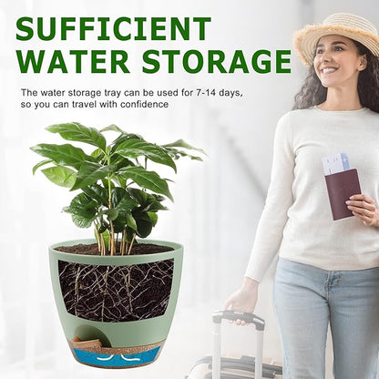 Plant Pots 10/9/8 Inch Self Watering Pots, Set of 3 Plastic Planters with Drainage Holes and Saucers,Plastic Flower Pots,Nursery Planting Pot for Indoor Out Door Plants（Green）