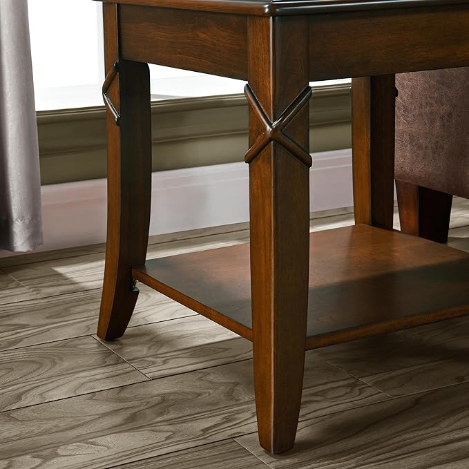 Solid Wood End Table with Storage Shelf, Vintage Rectangle Sofa Side Table with Splicing Tabletop and Carved Leg, BesideTelephone Table Cherry Brown,19.7 * 17.7 * 19.7in CJZ-DR200