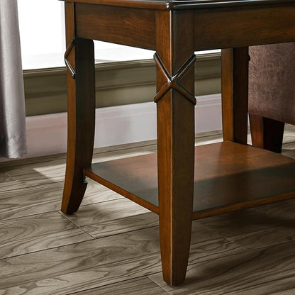 Solid Wood End Table with Storage Shelf, Vintage Rectangle Sofa Side Table with Splicing Tabletop and Carved Leg, BesideTelephone Table Cherry Brown,19.7 * 17.7 * 19.7in CJZ-DR200