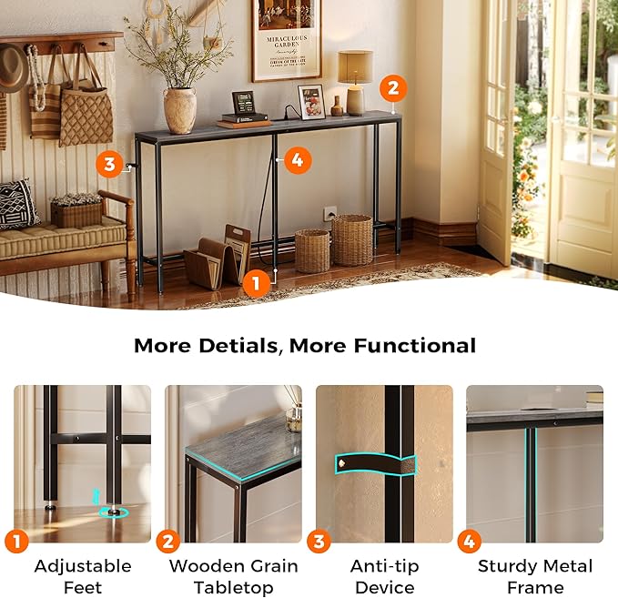 SUPERJARE Console Table with Outlet, 63 Inch Sofa Table with Charging Station, Narrow Hallway Entryway Table, Behind Couch Table Skinny for Entryway, Living Room, Plants, Charcoal Gray