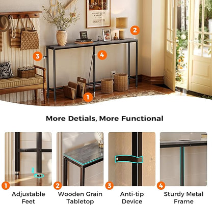 SUPERJARE Console Table with Outlet, 63 Inch Sofa Table with Charging Station, Narrow Hallway Entryway Table, Behind Couch Table Skinny for Entryway, Living Room, Plants, Charcoal Gray