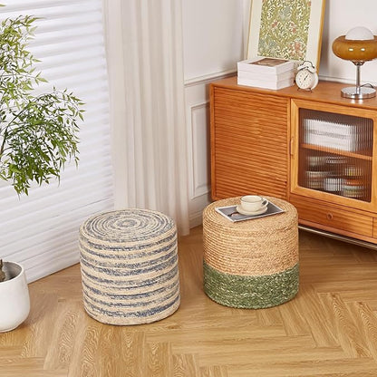 Wimarsbon 18'' Ottoman Pouf, Natural Braided Poof, Rustic Handweave Lounge Pouffe, Boho Footrest Stool for Bedroom, Accent Table for Living Room (Blue Corn Husk)