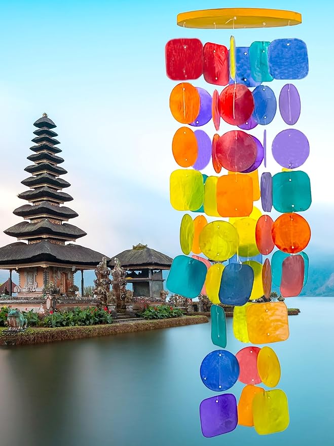 Bellaa 22890 Wind Chimes Outdoor, Garden Decorations, Musical, Indoor/Outside Windchimes, Beach, Ocean Breeze, Gifts for Mom, Gift for All Occasions, Capiz Sea Glass Shells Wood 27 inch Rainbow