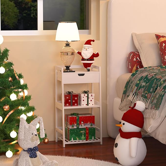 3 Tier Bamboo Bathroom Shelves with Drawer, Ladder Shelf for Bathroom Storage, Space-Saving Design, Stylish Display Nightstand, Stylish Storage Solution for Home, Living Room, Kitchen, Office