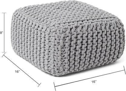 REDEARTH · Cube Low Pouf Foot Stool Ottoman - Hand Knitted Poof - Cord Boho Pouffe - Home Décor - Stuffed Footrest for Living Room - Nursery - Bedroom - Patio (16" x 16" x 8") - Light Gray