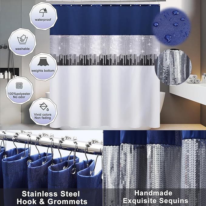 24PCS Bathroom Sets with Shower Curtain and Rugs, Navy Blue Bathroom Accessories Set Navy Blue Shower Curtain Set Bathroom Accessories with Bathroom Trash Can