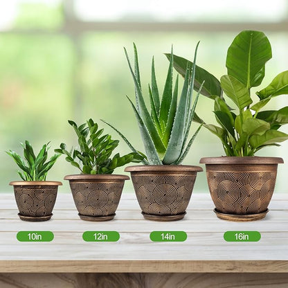 14 Inch Large Planter Pot for Plants Indoor Outdoor, 4 Pack Plastic Flower Pots with Drainage Hole & Tray, Modern Decorative Garden Pot with Saucer, Plant Container for House