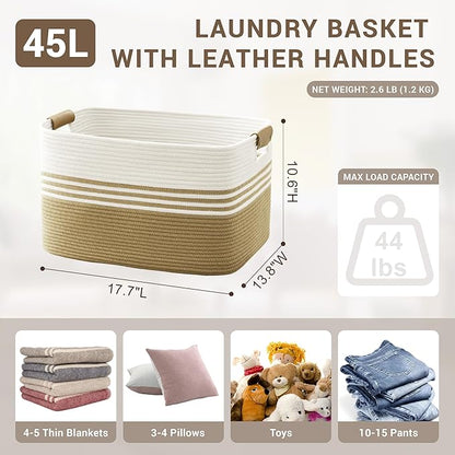 45L Small Laundry Basket with Leather Handles for Living Room Storage, Woven Rope Baskets Bin for Blanket, Kids Toy, Gifts, Wicker Hamper for Bedroom Dirty Clothes, 18"x14"x11" Khaki