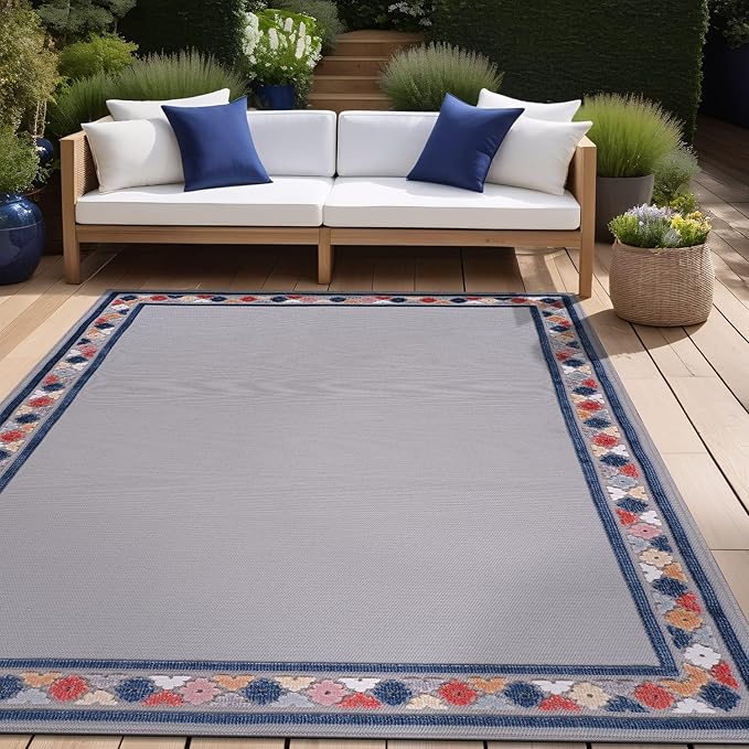 Beverly Rug Outdoor Rug 4x6 Modern Bordered Area Rugs for Indoor and Outdoor Patio Easy to Clean Non Shedding Living Room Porch Garden Washable Outside Carpet (4 x 6 Gray)
