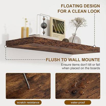 72 Inch Floating Shelves 2 Pack, 8 Inch Deep Floating Shelf Wall Mounted, Large Shelves with Invisible Bracket for Books, Rustic Wood Wall Shelf for Bedroom, Kitchen, Living Room, Rustic Brown