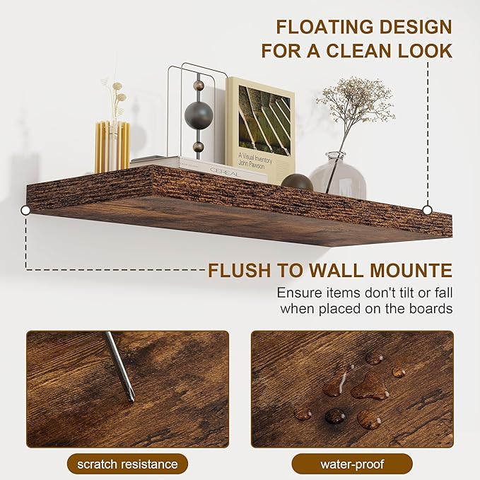 72 Inch Floating Shelves, 8 Inch Deep Floating Shelf, Large Shelves with Invisible Bracket for Books|Storage, Rustic Wood Wall Shelf for Bedroom, Kitchen, Living Room, Rustic Brown
