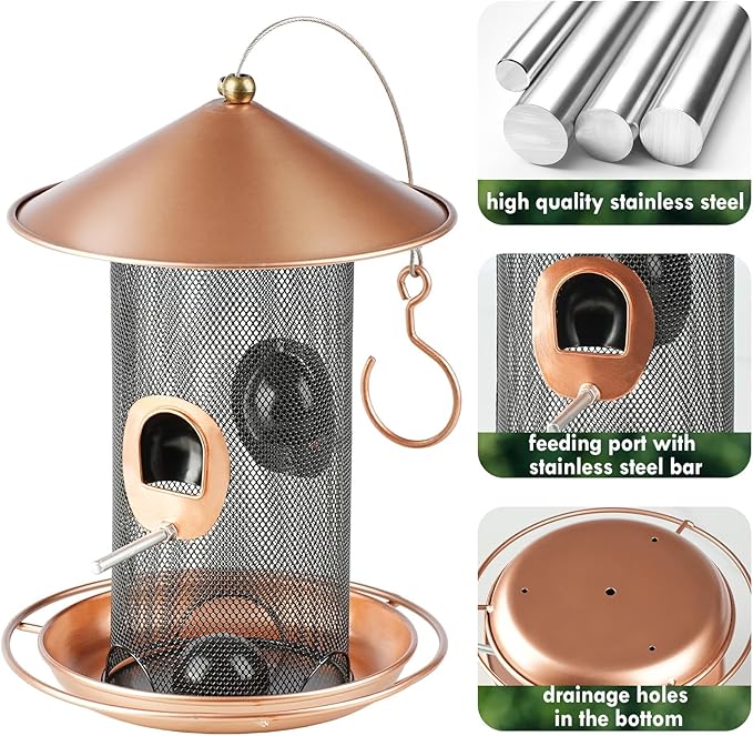 Bird Feeder for Outdoor, Metal Wild Bird Feeder Hanging Outside, 7.5" Copper Roof and 360 Degree Feeding Tray with 2 Extra Feeding Ports, 3 Lbs Bird Seeds Capacity