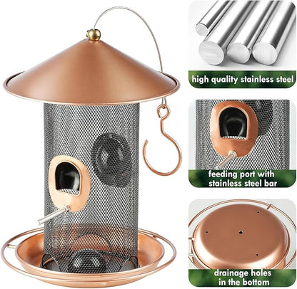 Bird Feeder for Outdoor, Metal Wild Bird Feeder Hanging Outside, 7.5" Copper Roof and 360 Degree Feeding Tray with 2 Extra Feeding Ports, 3 Lbs Bird Seeds Capacity