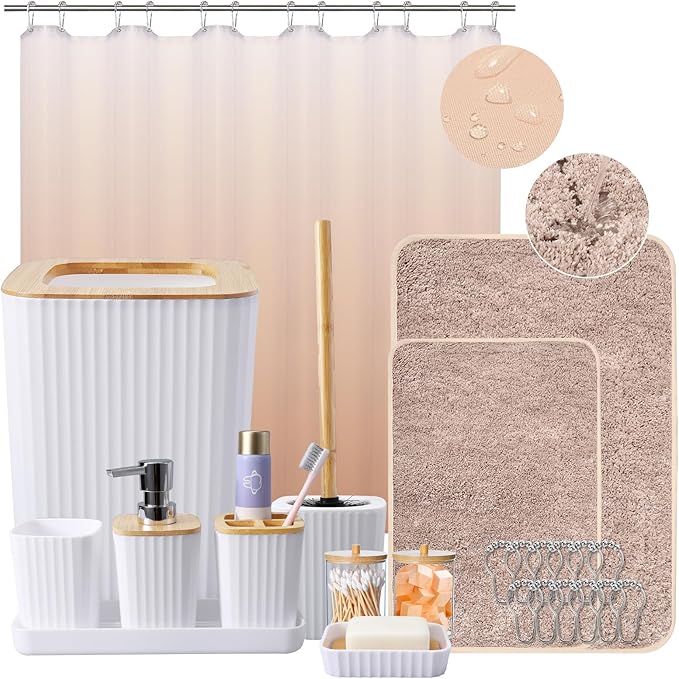 24Pcs White and Gold Bathroom Set with Shower Curtain and Rug, White Bathroom Sets Complete with Trash Can,Soap Dispenser,Soap Dish,Toilet Brush,Toothbrush Holder and Cup,Tray,Q-Tip Holders