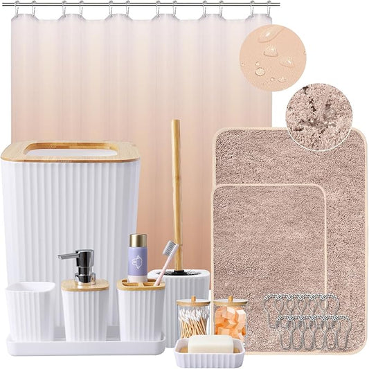 24Pcs White and Gold Bathroom Set with Shower Curtain and Rug, White Bathroom Sets Complete with Trash Can,Soap Dispenser,Soap Dish,Toilet Brush,Toothbrush Holder and Cup,Tray,Q-Tip Holders
