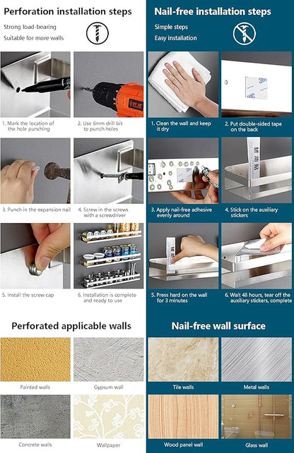 Rustproof Metal Storage Floating Shelves Wall Mounted Rectangular Shelf for Bedroom,Bathroom, Living Room, Kitchen, and Laundry Room,Nail-Free Wall-Mounted Shelves（7.9 Inch Silver）