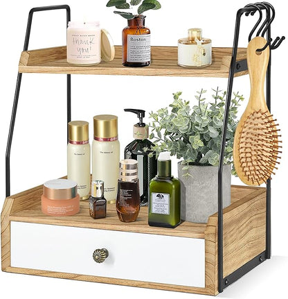 2 Tier Bathroom Counter Organizer with Drawer, Wood Bathroom Storage Shelf Counter for Cosmetic Vanity Tray Kitchen Spice Rack Coffee Station Organizer, Bathroom Decor