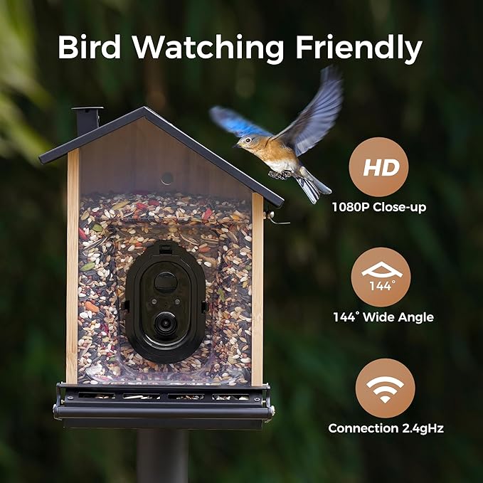 TT Nature Smart Squirrel-Proof Bird Feeder with Camera 2K, Solar Powered, AI Bird Species Recognition, Instant Notification, CCPA Data Security, Bamboo 3.2L Large Capacity, Ideal Gift