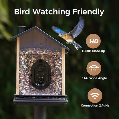 TT Nature Smart Squirrel-Proof Bird Feeder with Camera 2K, Solar Powered, AI Bird Species Recognition, Instant Notification, CCPA Data Security, Bamboo 3.2L Large Capacity, Ideal Gift