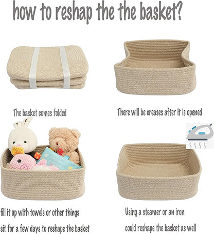 Small Woven Storage Baskets 13“X9”X5“ Decorative Rope Bins for Organizing Shelves, Closets, and Toys, Empty Gift Baskets, Cute Organizer Basket for Home and Office (oatmeal, Large)