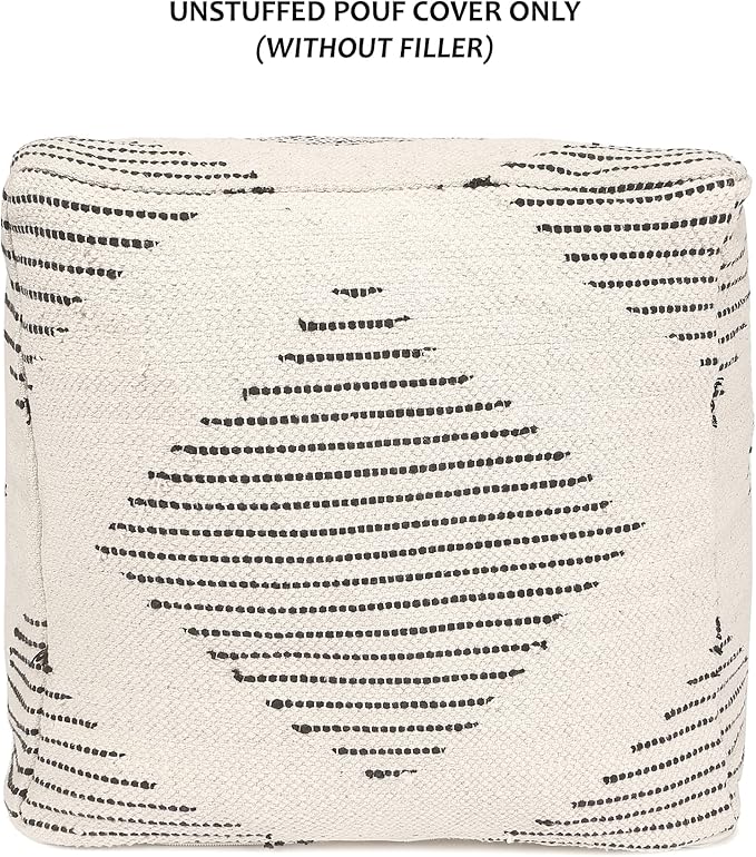 REDEARTH · UNSTUFFED Pouf Ottoman Cover Textured Boho Storage Square Home Decor Poof Pouffe Space Saver Footrest for Living Room, Bedroom, Nursery, Kidsroom; 100% Cotton (18"x18"x18"; Black)