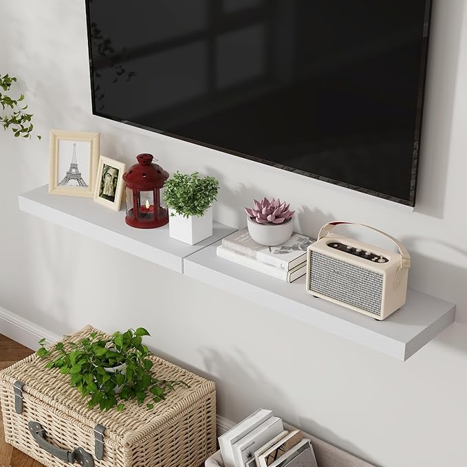 Axeman Floating Shelves, 2 Pack 8 Inch Deep Rustic Solid Wood Wall Shelves for Storage, Wall Mounted Display Shelving with Invisible Heavy-Duty Metal Bracket, 24" W x 8" D x 1.6" H, Distressed White