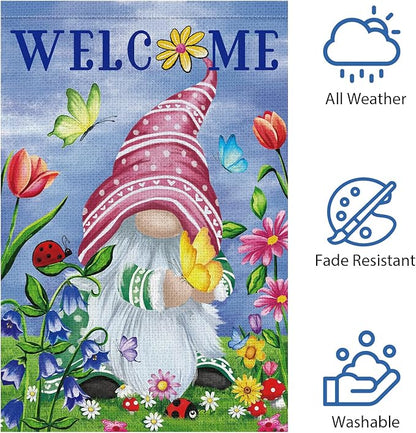Welcome Spring Gnome Garden Flag 12x18 Double Sided Burlap Butterfly Floral Garden Yard Flags for Spring Summer Rustic Seasonal Outside Outdoor House Decoration (ONLY FLAG)