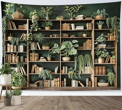 HVEST Green Plant Bookshelf Tapestry Book on Bookshelf and Plant Potted Tapestry Wall Hanging Reading Wall Tapestries for Study Room Bedroom Living Room College Dorm Decor, 51L x 59W Inches