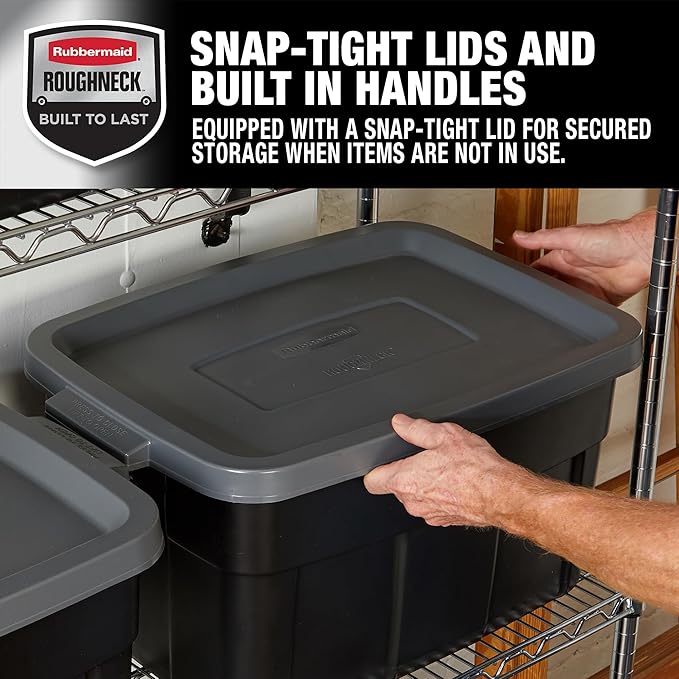 Rubbermaid Roughneck Tote 14 Gal, 6 Pack, Made in USA, Black & Gray, Rugged Plastic Stackable Storage Bins with Lids and Handles