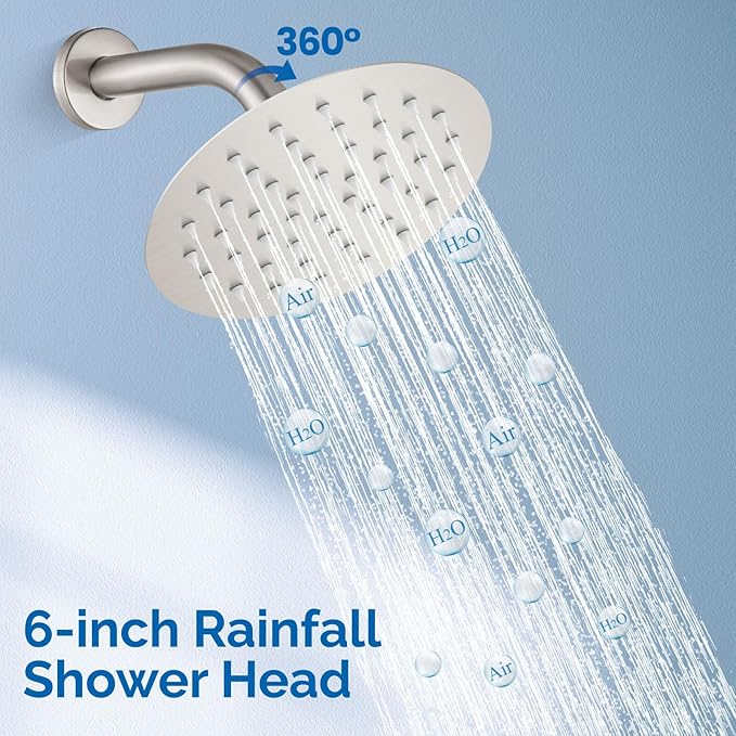 Airuida Shower Faucet Set,Single Function Shower Trim Kit,Wall Mount 6 Inch Round Rainfall Shower Head and Handle Set,Single Handle Shower System Set Male Threads Rough-in Valve Brushed Nickel