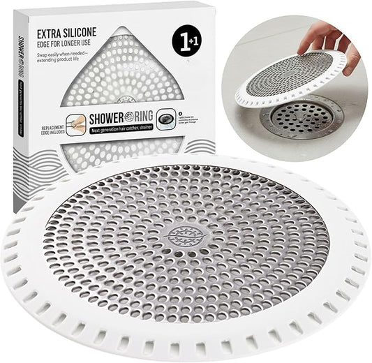 Shower Drain Hair Catcher – Ultra ShowerRing 5" Drain Cover for Flat & Domed Floors | Stainless Steel Hair Trap with Silicone Rim | High-Flow Strainer Prevents Clogs - White