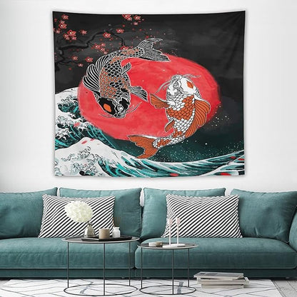 Houselerax Koi Fish Tapestries,Japanese Style Yin Yang Big Wave Cherry Blossoms Tapestry Wall Hanging for Bedroom Living Room Office Decor 60"x50"