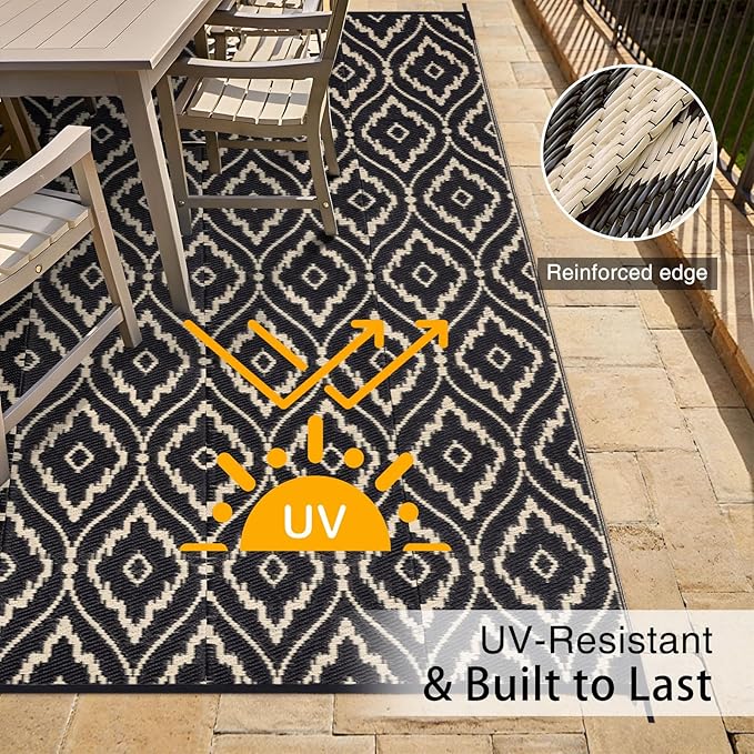OLANLY Outdoor Rug 9x12 ft Waterproof, Outdoor Plastic Straw Rug with Geometric Pattern Clearance, Reversible RV Mat for Patio, Camping, Balcony, Deck, Backyard, Black & Beige