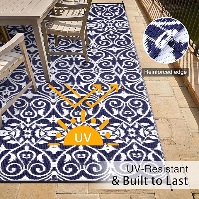 OLANLY Outdoor Rug Waterproof 6x9 ft Clearance, Reversible Outdoor Plastic Straw Rug with Floral Pattern, RV Mat for Patio, Camping, Balcony, Deck, Backyard, Navy & White