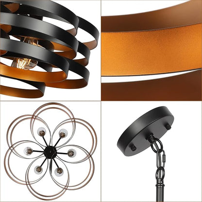 6-Light Modern Farmhouse Chandeliers for Dining Room, Rustic Multiple Rings Pendant Lighting, Industrial Metal Round Chandelier for Kitchen Entryway, Black with Gold Interior