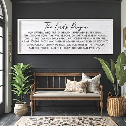 Our Father Prayer Bible Verse Framed Wall Art, 40''×15'' White Horizontal Religious Christian Lords Prayer Sign for God Jesus Christ Prayer, Rustic Holy Inspirational Catholic Scripture Decor