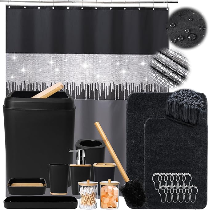 Bathroom Sets with Shower Curtain and Rugs,24PCS Black Bathroom Set Shower Curtain Set with Bathroom Trash Can Bathroom Accessories