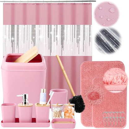 Pink Bathroom Accessories Set with Glitter Shower Curtain and Rugs,Bathroom Sets with Extra Soft and Absorbent Bath Rugs Sequin Shower Curtain Pink Bathroom Sets for Bath Decor