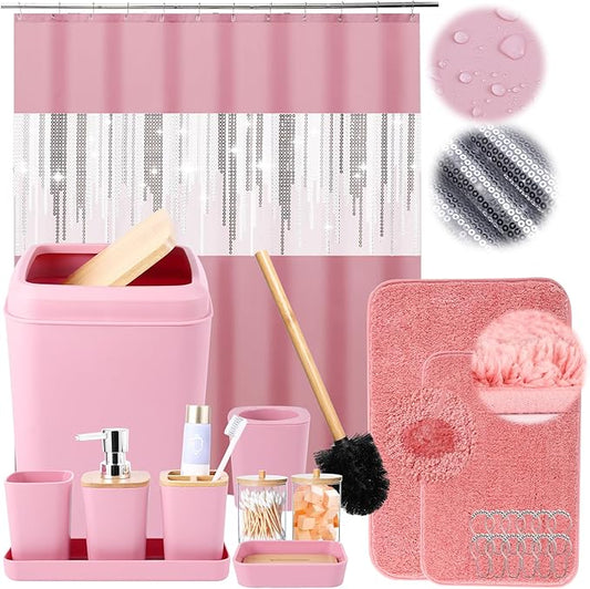 Pink Bathroom Accessories Set with Glitter Shower Curtain and Rugs,Bathroom Sets with Extra Soft and Absorbent Bath Rugs Sequin Shower Curtain Pink Bathroom Sets for Bath Decor