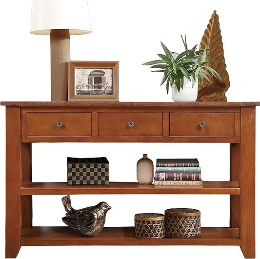 Solid Wood Console Table Entryway Table with Storage Drawers and Bottom Shelf Sofa Table for Entry Hallway Foyer Sofa Couch Table,Fully Assembled (48.8" Brown)