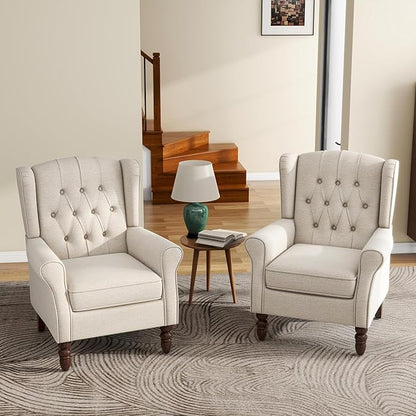 UIXE High Back Accent Chairs Set of 2, Upholstered Armchair in Fabric for Living Room, Retro Wingback Arm Chair Comfy Single Sofa Bedroom Reading Seat with Solid Wood Legs - Beige