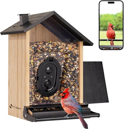 TT Nature Smart Squirrel-Proof Bird Feeder with Camera 2K, Solar Powered, AI Bird Species Recognition, Instant Notification, CCPA Data Security, Bamboo 3.2L Large Capacity, Ideal Gift