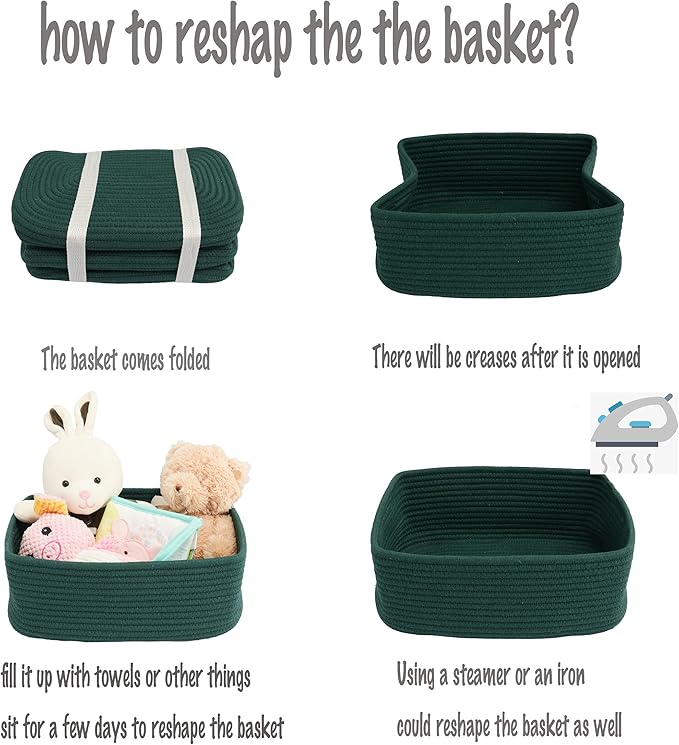 Small Woven Storage Baskets 13“X9”X5“ Decorative Rope Bins for Organizing Shelves, Closets, and Toys, Empty Gift Baskets, Cute Organizer Basket for Home and Office (dark green, Large)