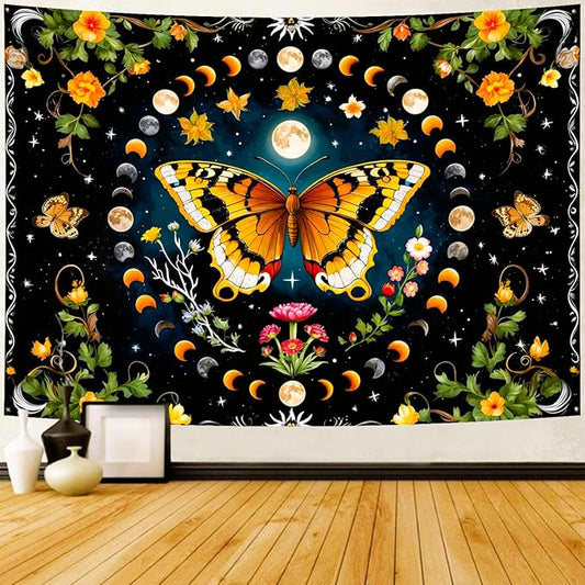 Delur Butterfly Moon Flower Tapestry Botanical Floral Plant Boho Tapestry Wall Hanging Mandala Aesthetic Mushroom Retro Vintage Headboard for Bedroom Living Room Home Decor (51.2" x 59.1")