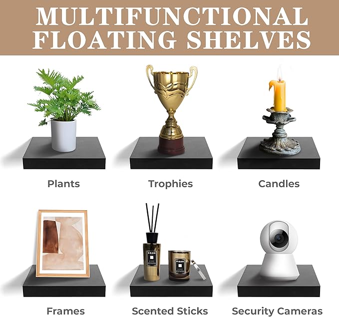 Sorbus Square Floating Shelf for Wall - 4 Small Shelves with Invisible Mounting Brackets for Living Room Decor, Bedroom, Bathroom Decor, Home & Kitchen - 9" Wall Shelf to Display Photos Trophies