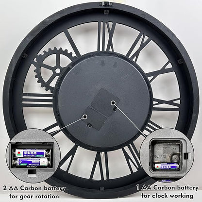 The B-Style Large Wall Clock 24 inch Moving Gear Wall Clock Oversized Vintage Farmhouse Wall Clocks for Living Room Decor Rustic Industrial Wood Clock (Cherry red and Bronze)