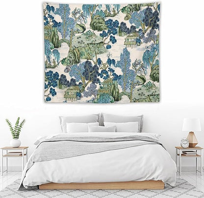 Chinoiserie Tapestry,Asian Watercolor Abstract Art Tapestry,Asian Japanese Wall Tapestry, Nature Landscape Tapestries for Bedroom Living Room Decor 60"x50"