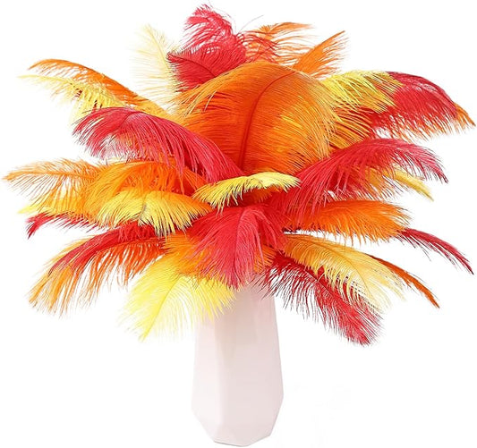 THARAHT Red Orange Yellow Ostrich Feathers 24pcs Natural Bulk 8-10Inch 20cm-25cm for Crafts Wedding Party Centerpieces Halloween and Home Decoration Feathers