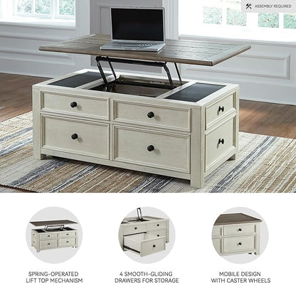 Signature Design by Ashley Bolanburg Farmhouse Lift Top Coffee Table with Drawers, Antique Cream & Brown