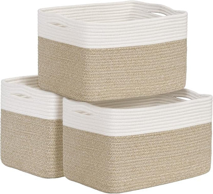 Shelf Baskets for Organizing, Woven Storage Basket for Shelves, Cotton Rope Storage Bins for Toys Books, Nursery Towel Baskets for Classroom, 14.96"X9.8"X8.85", 3-Pack White/Brown